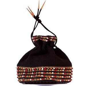 Flapper Beaded Drawstring Purse VTG Pouch Knitted Hand Bag Retro Rockabilly Boho